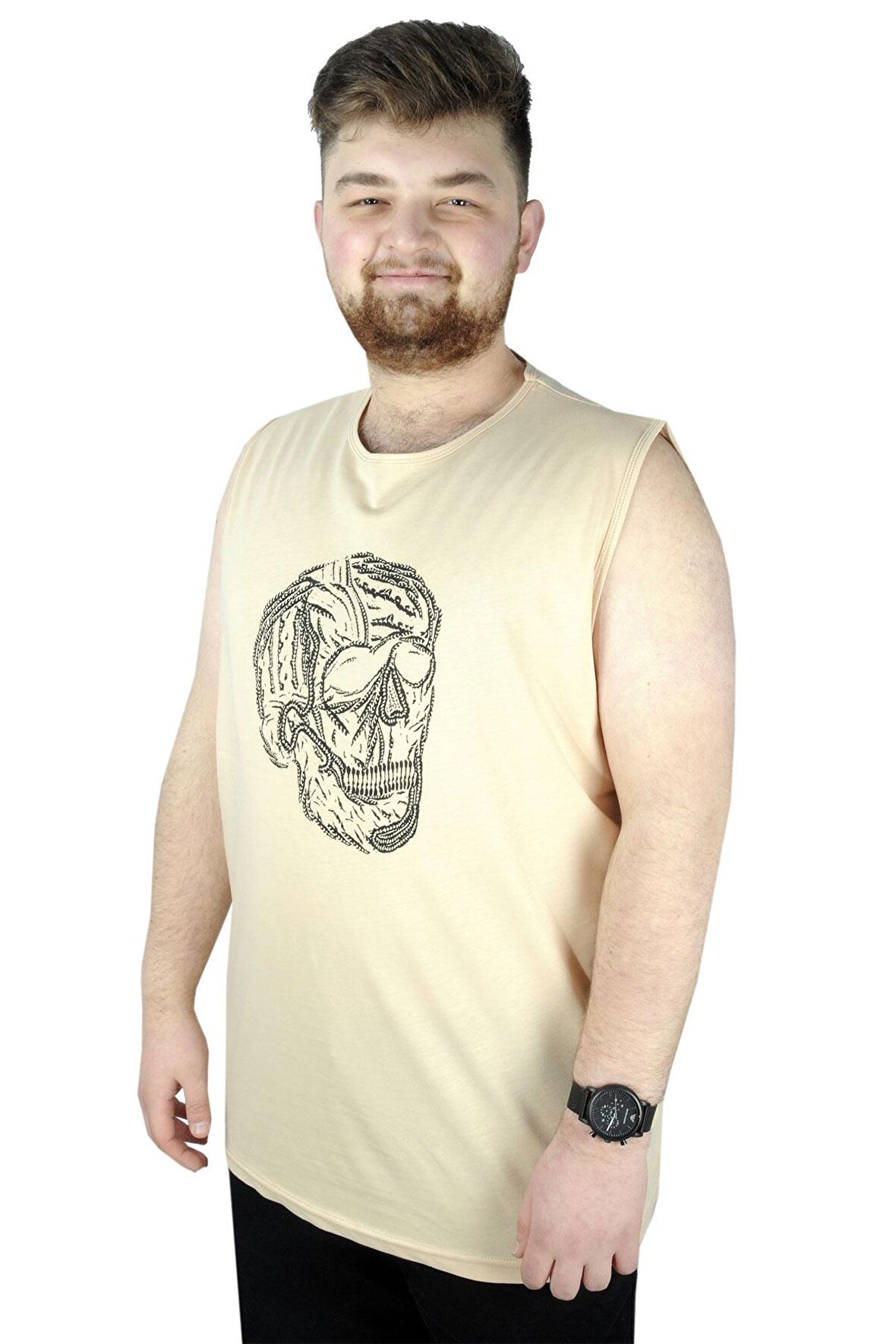 Mode XL Büyük Beden Erkek Kolsuz Tshirt Skull 22124 Bej