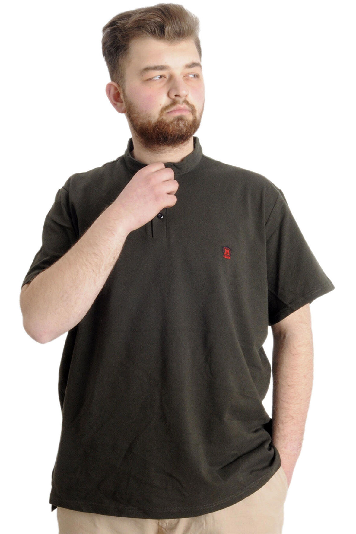 Mode XL Büyük Beden Erkek T-shirt Hakim Yaka MD LOGO 22326 Haki