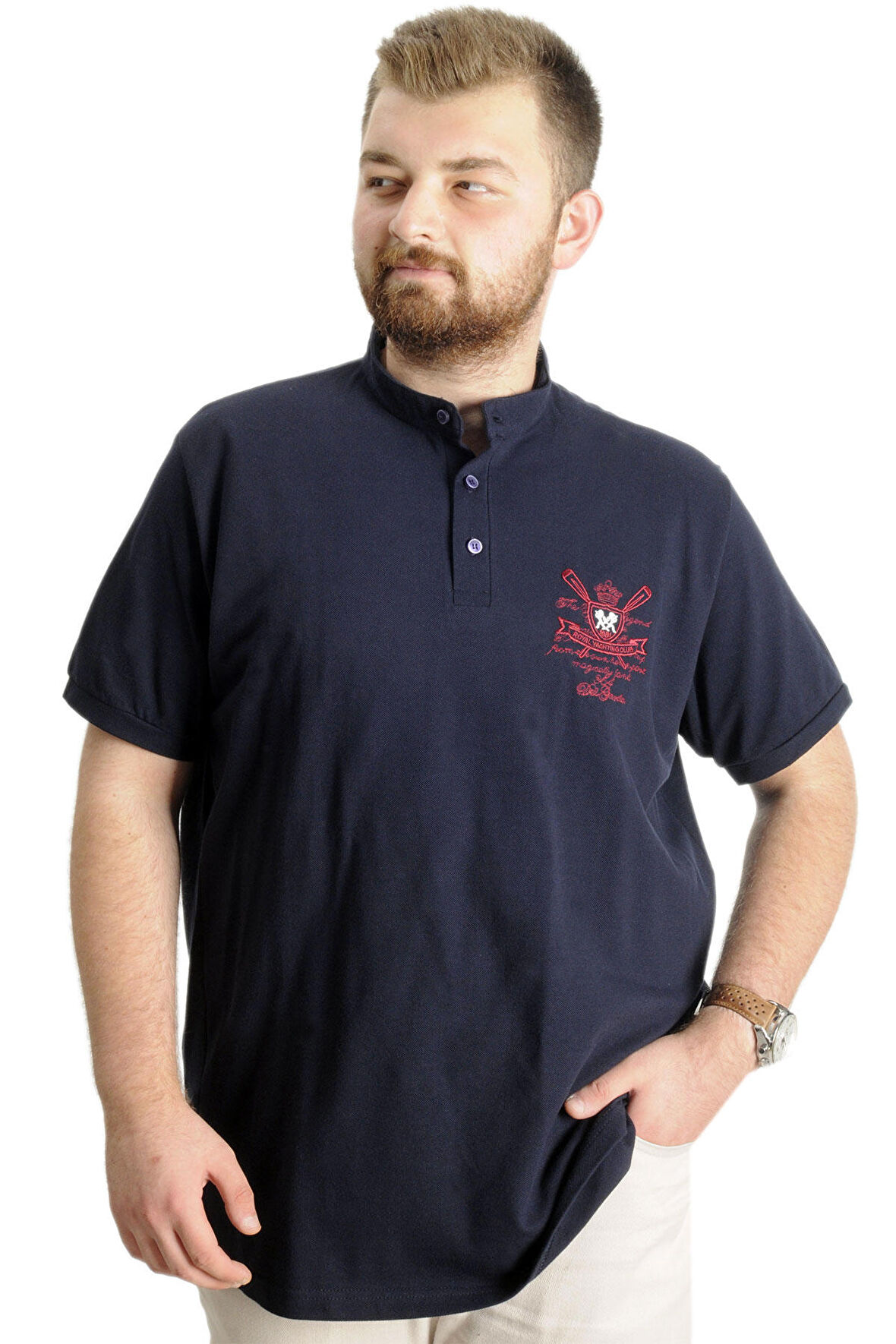 Mode XL Büyük Beden T-Shirt Hakim Yaka Yatching 22327 Lacivert