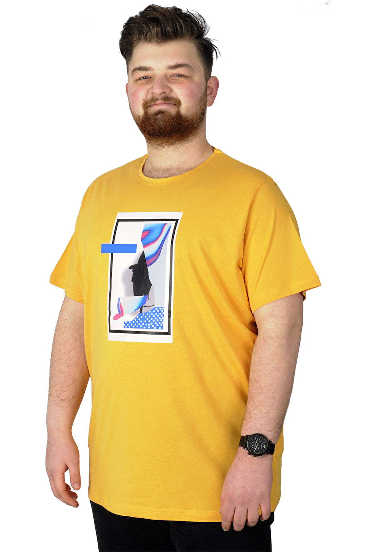Mode XL Büyük Beden Tshirt Baskılı Flu 22152 Hardal