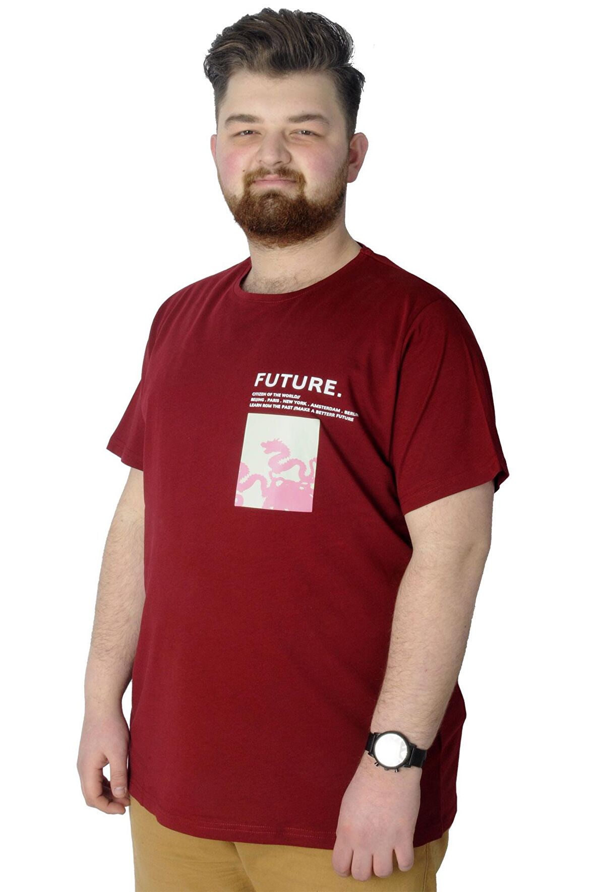 Mode XL Büyük Beden T-Shirt Baskılı Future 22154 Bordo