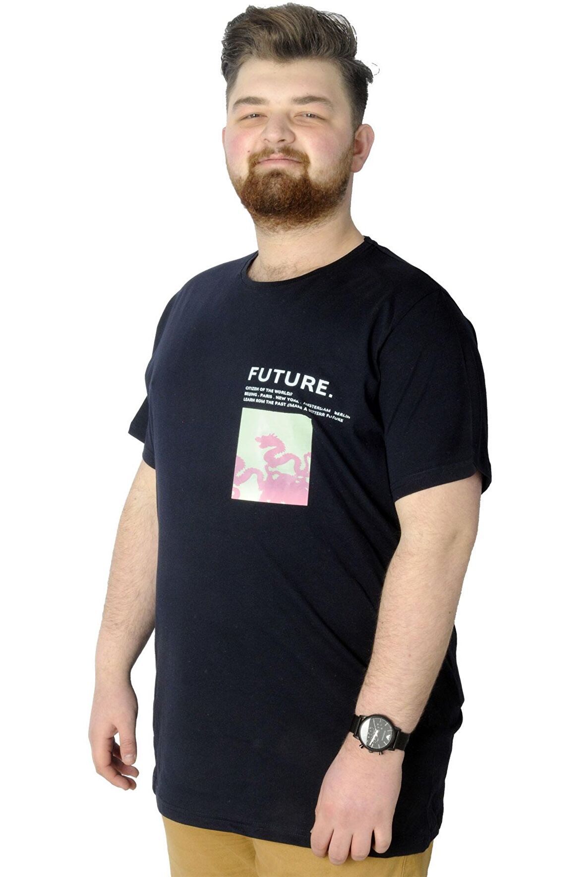 Mode XL Büyük Beden T-Shirt Baskılı Future 22154 Lacivert