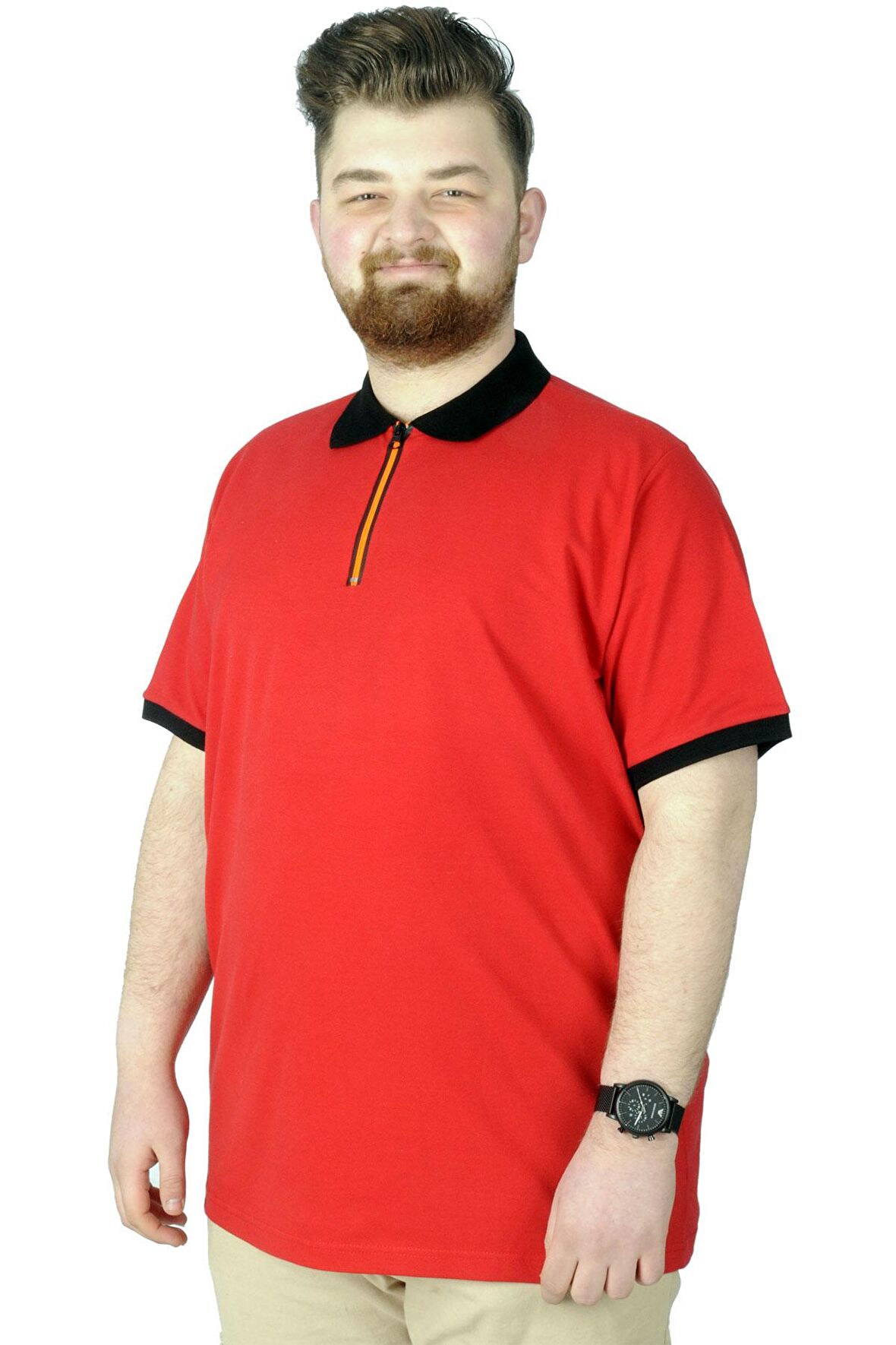 Mode XL Büyük Beden T-Shirt Polo Printed Zipper 22319 Kırmızı
