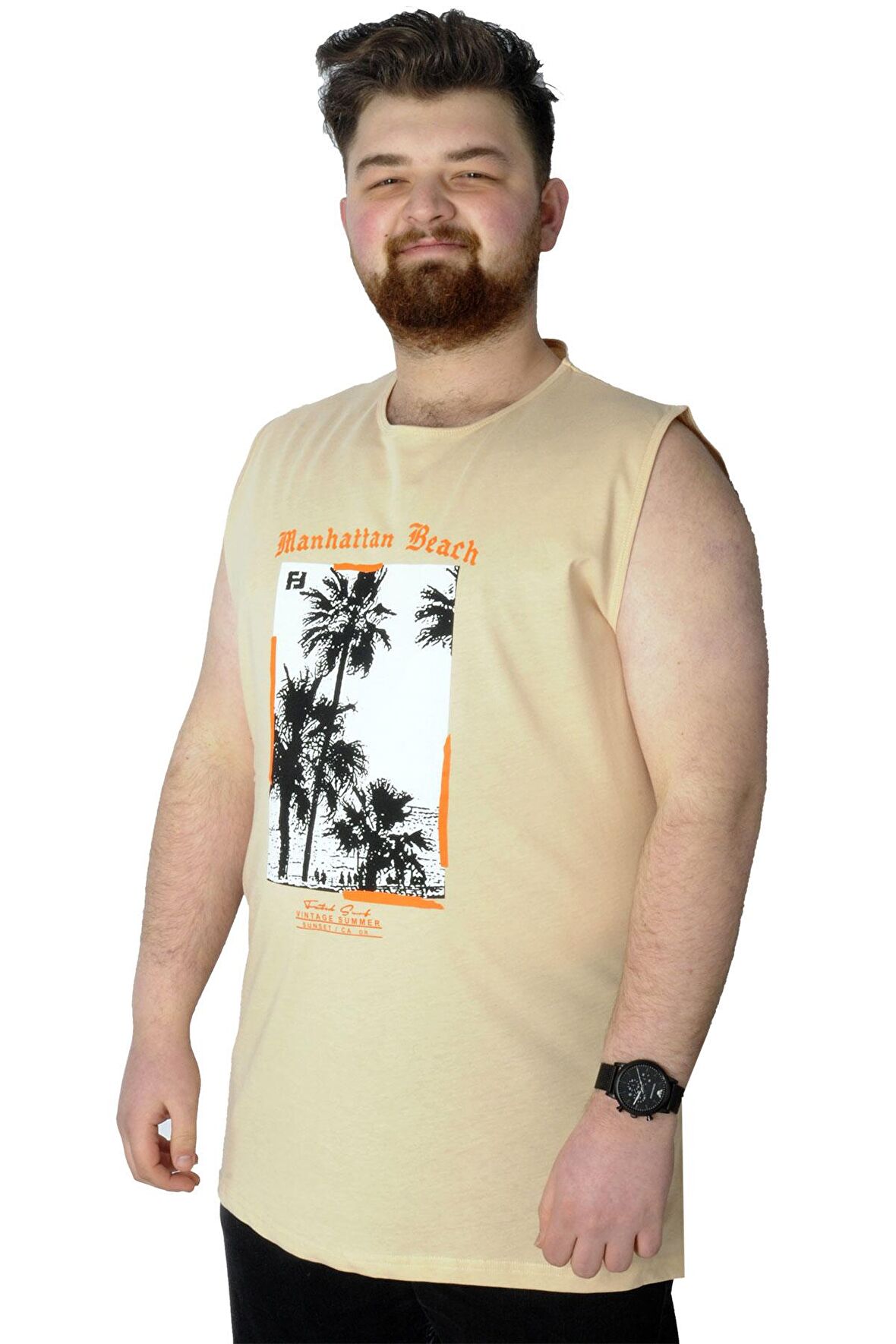 Mode XL Büyük Beden T-Shirt Kolsuz Manhattan Beach 22161 Bej