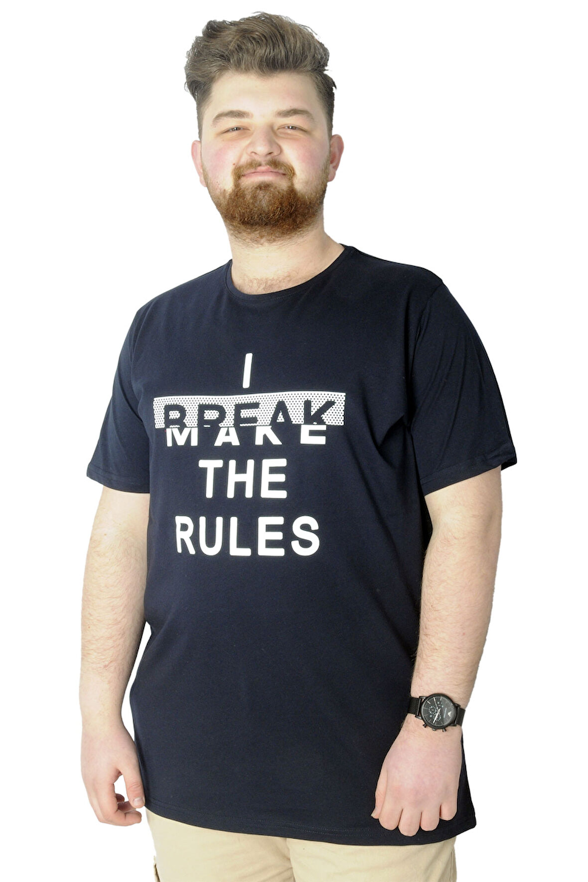 Mode XL Erkek T shirt Baskılı Break Make The Rules 22150 Lacivert