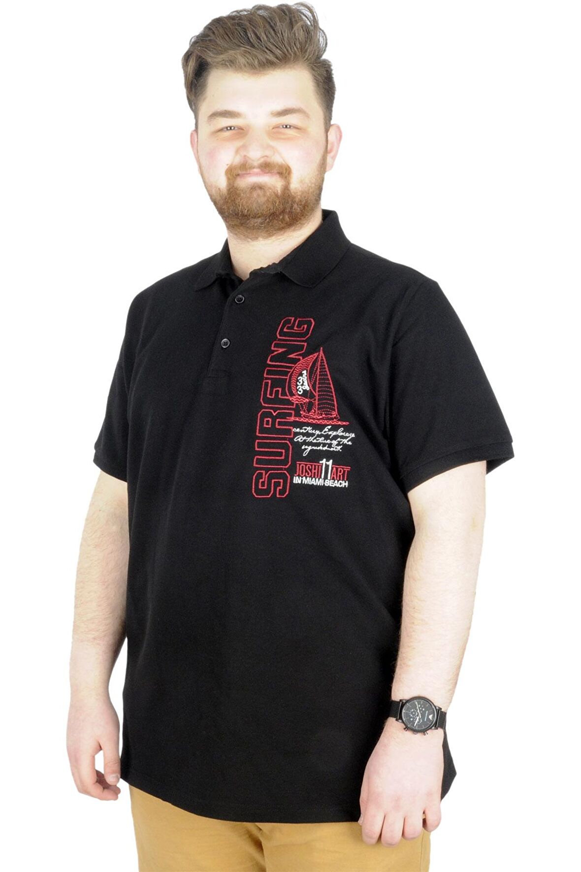 Mode XL Büyük Beden T-Shirt Polo Surfing 22328 Siyah
