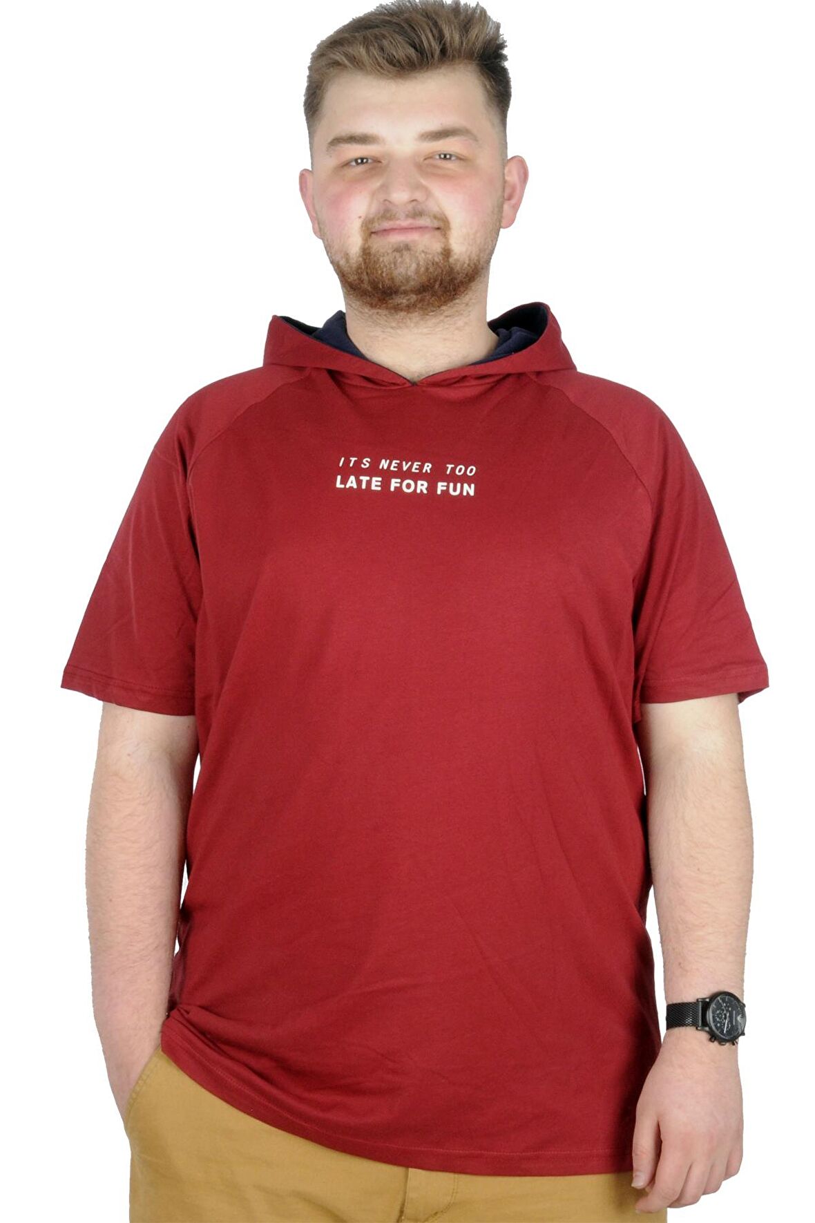 Mode XL Büyük Beden T-Shirt Kapşonlu For Fun 22175 Bordo