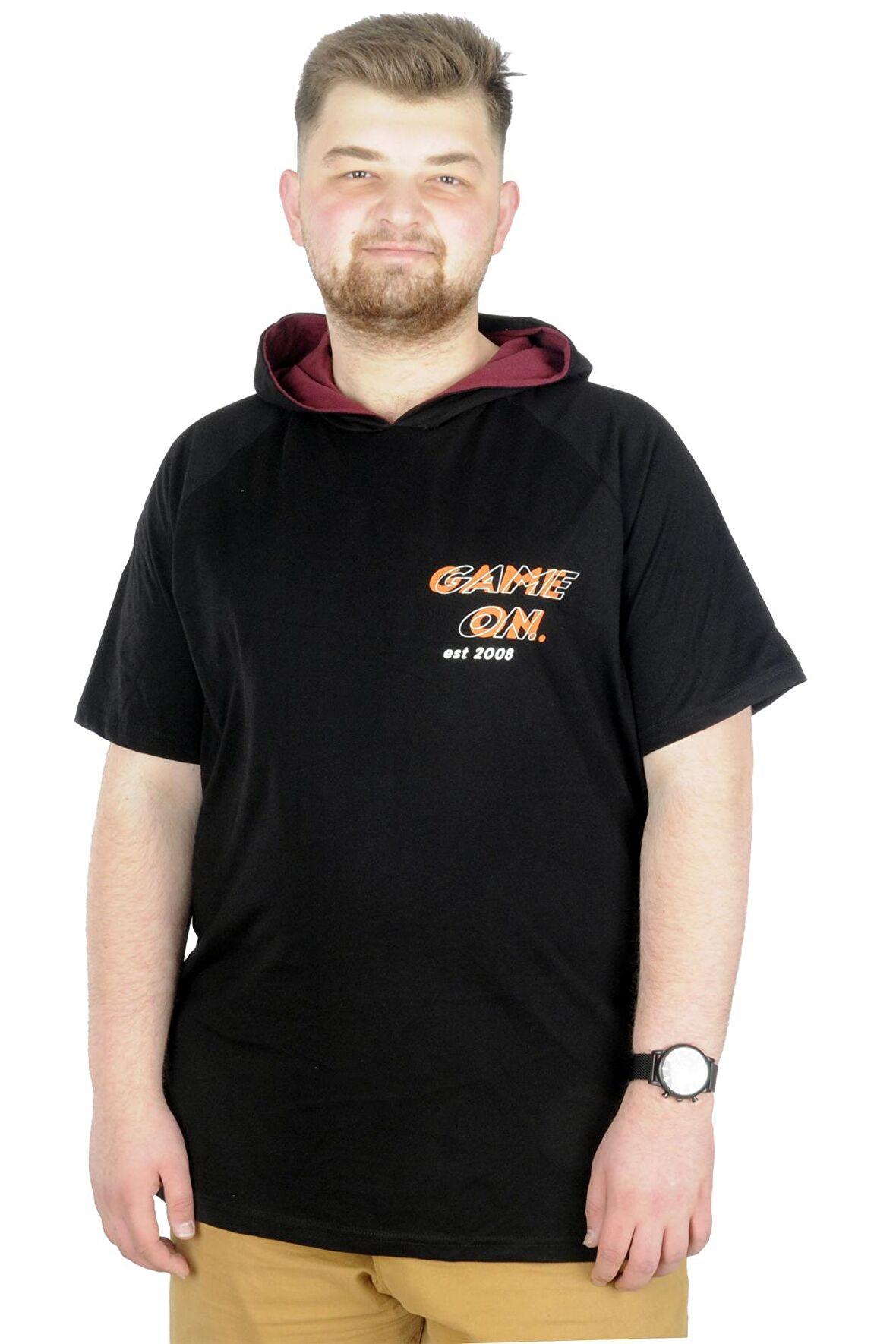 Mode XL Büyük Beden T-Shirt Kapşonlu Game On 22177 Siyah