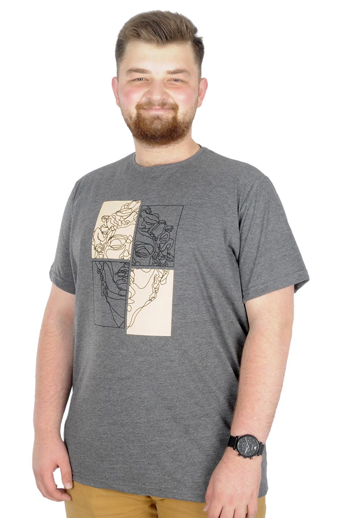 Mode XL Büyük Beden T-Shirt Bis Yaka Statue 22188 Antramelanj