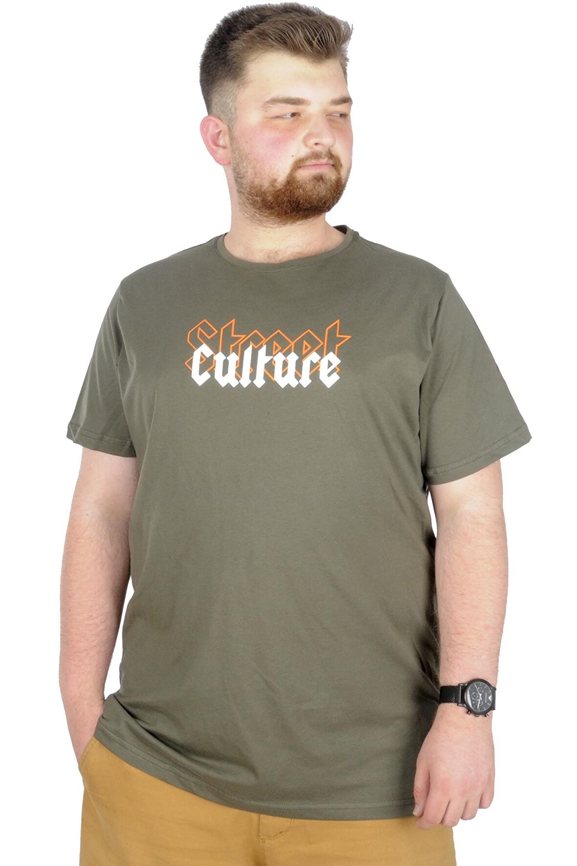 Mode XL Büyük Beden T-Shirt Bis Yaka Culture 22191 Haki