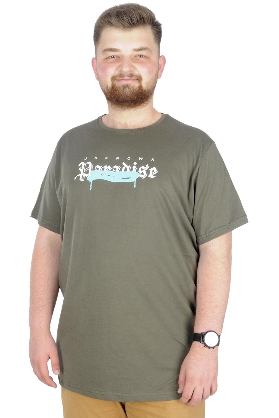 Mode XL Büyük Beden T-Shirt Bis Yaka Paradise 22199 Haki