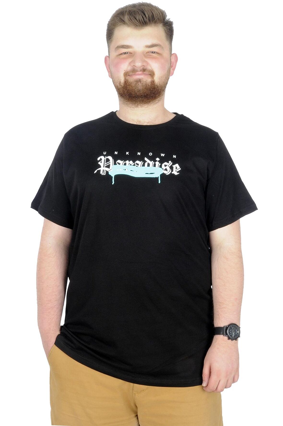 Mode XL Büyük Beden T-Shirt Bis Yaka Paradise 22199 Siyah