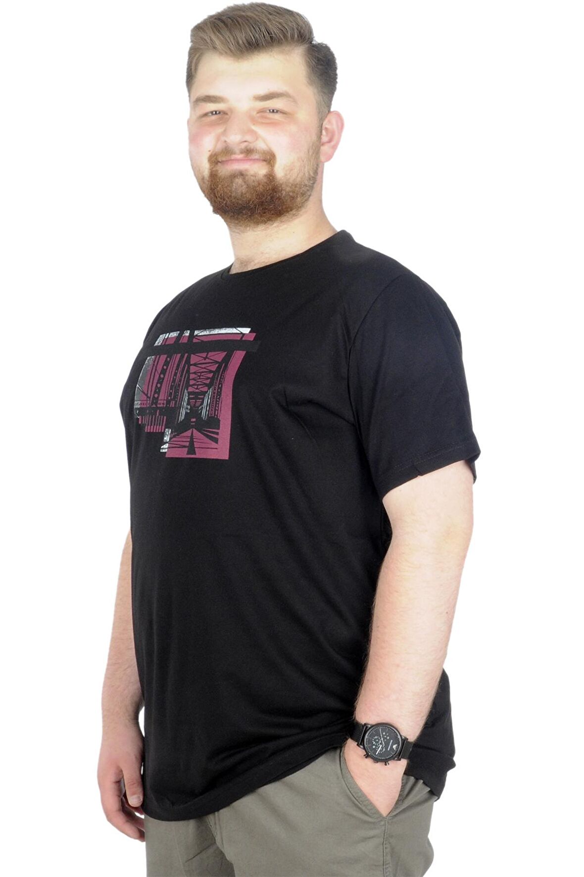 Mode XL Büyük Beden T-Shirt Bisiklet Yaka Bridge 22167 Siyah