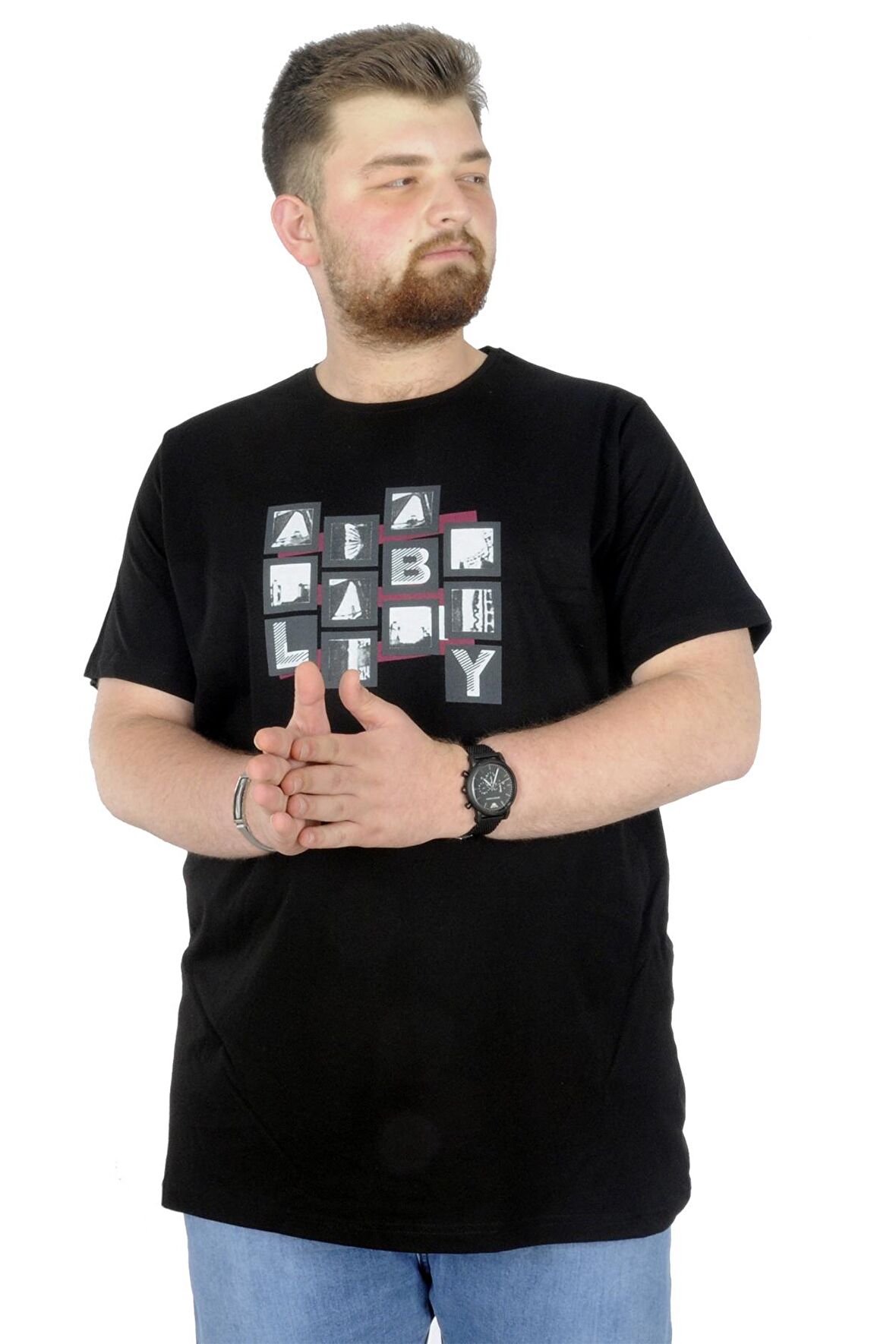 Mode XL Büyük Beden T-Shirt Bisiklet Yaka Complex City 22170 Siyah