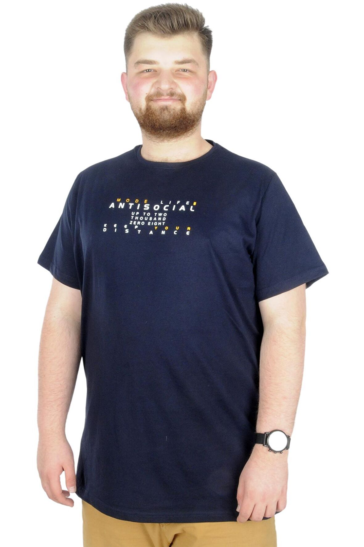 Mode XL Büyük Beden T-Shirt Bis Yaka Antisocial 22187 Lacivert