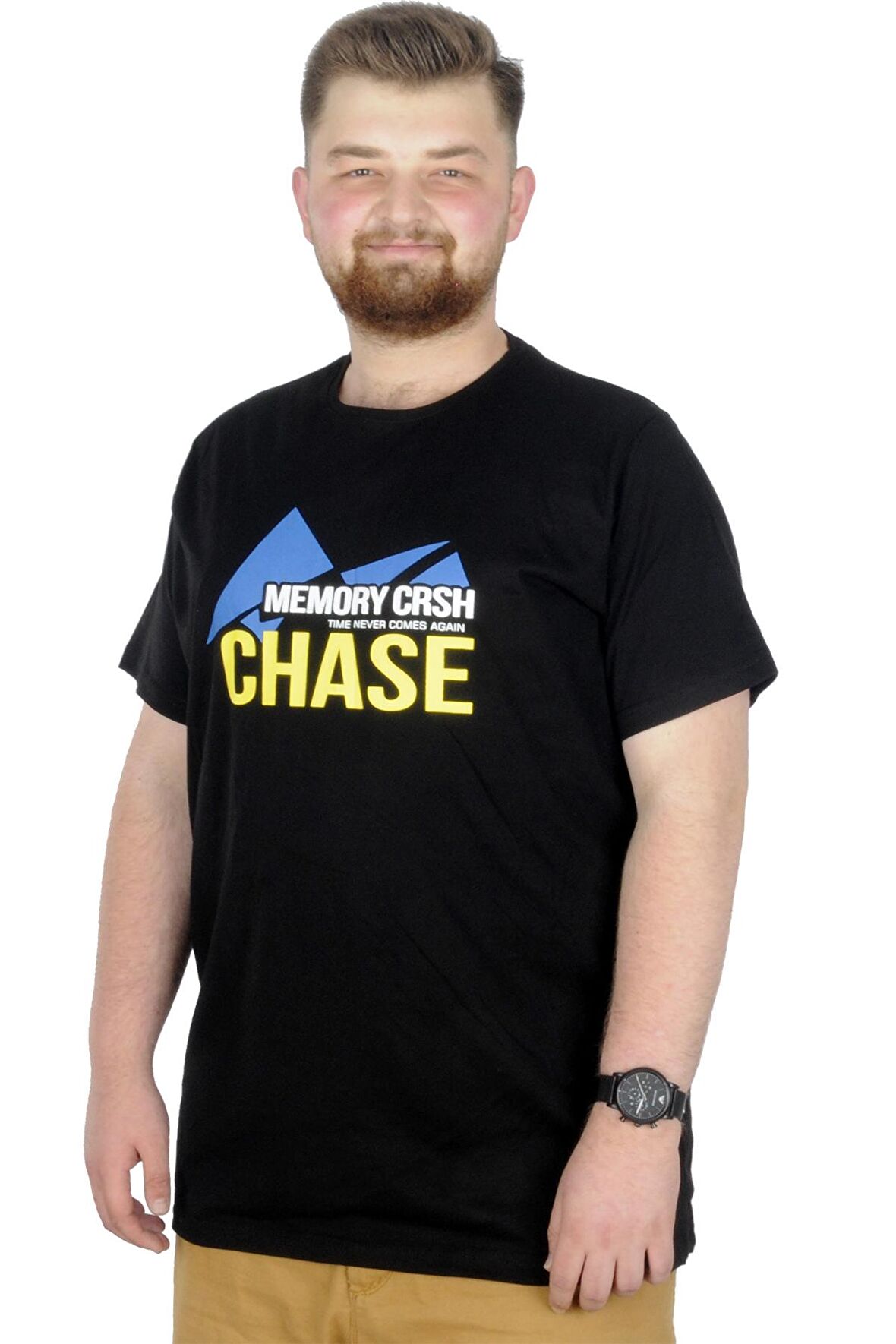 Mode XL Büyük Beden T-Shirt Bis Yaka Chase 22193 Siyah