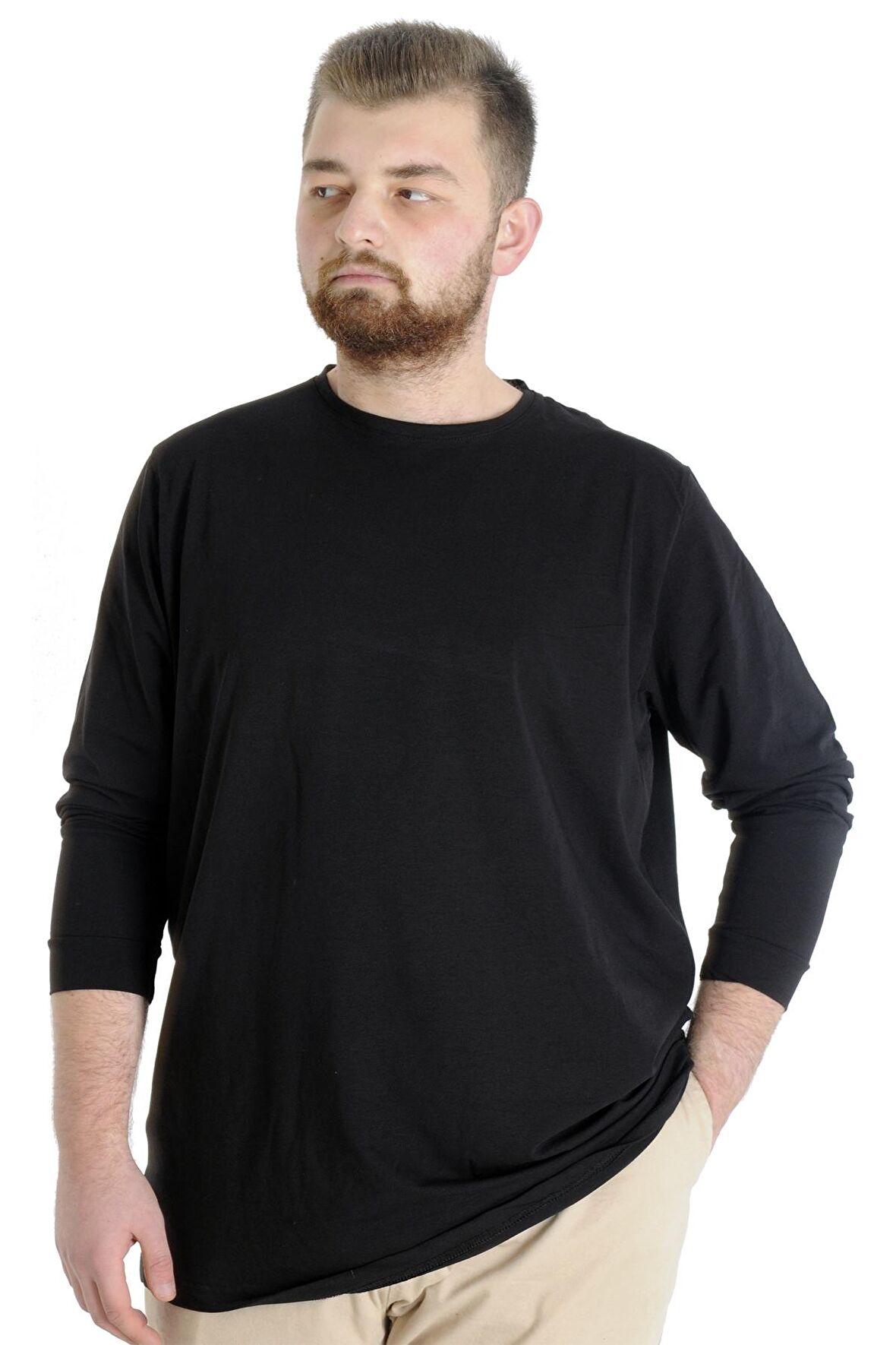 Mode XL Büyük Beden Erkek Tshirt Uzun Kol Manşetli 20103 Siyah