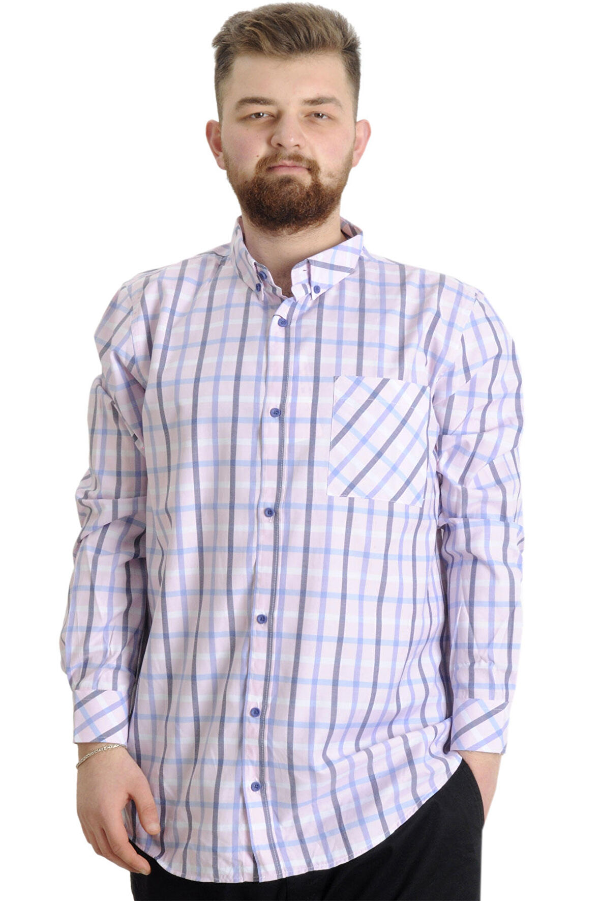 Mode XL Büyük Beden Erkek Gömlek Ekose Uzun Kollu 23300 Krem