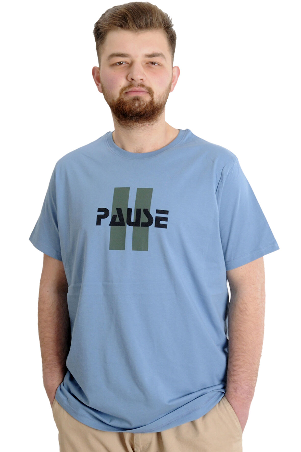Mode XL Büyük Beden Erkek T-shirt PAUSE 23109 Mavi