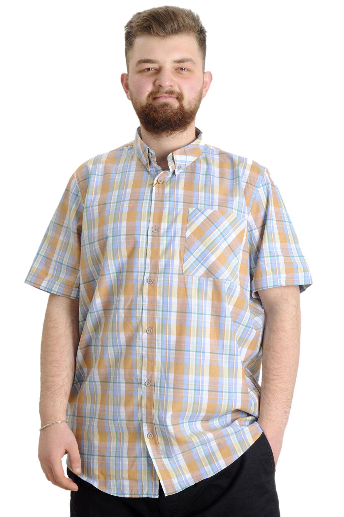 Mode XL Büyük Beden Erkek Gömlek Ekose Kısa Kollu 23301 Yeşil