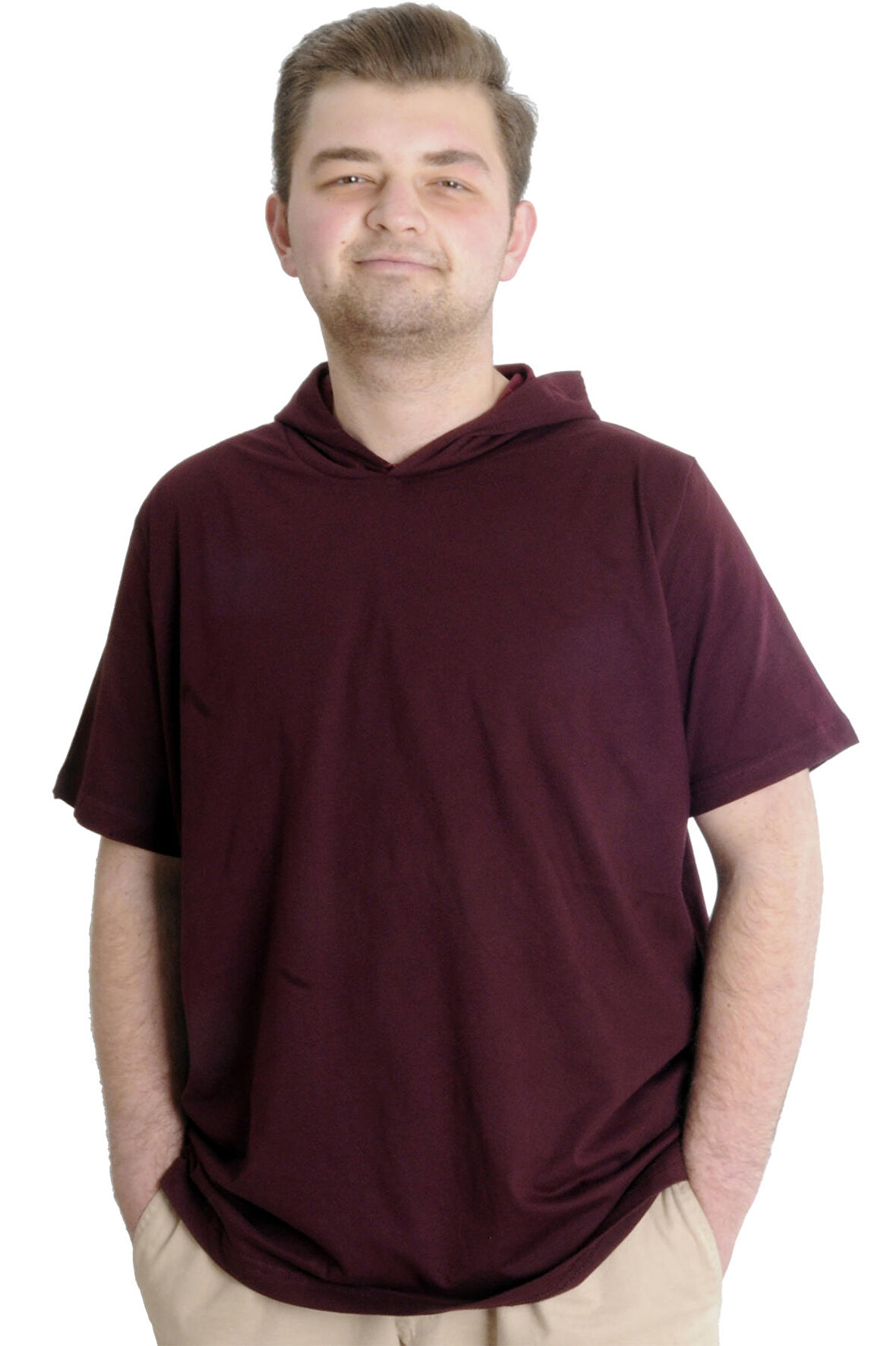 Mode XL Büyük Beden Erkek T-shirt Kapşonlu Kısa Kol 23118 Mürdüm