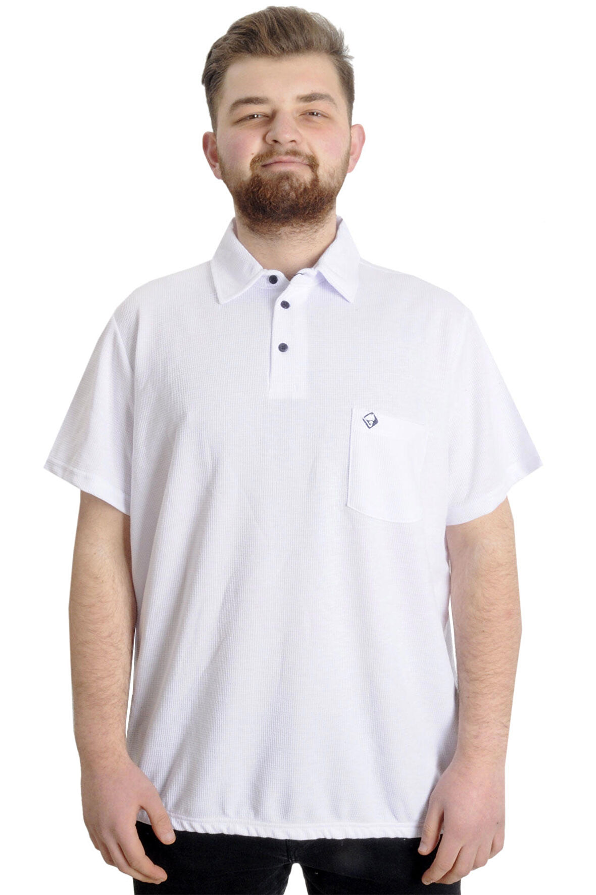 Mode XL Büyük Beden Erkek T-shirt Polo Cepli Golf WAFFLE 23320 Beyaz