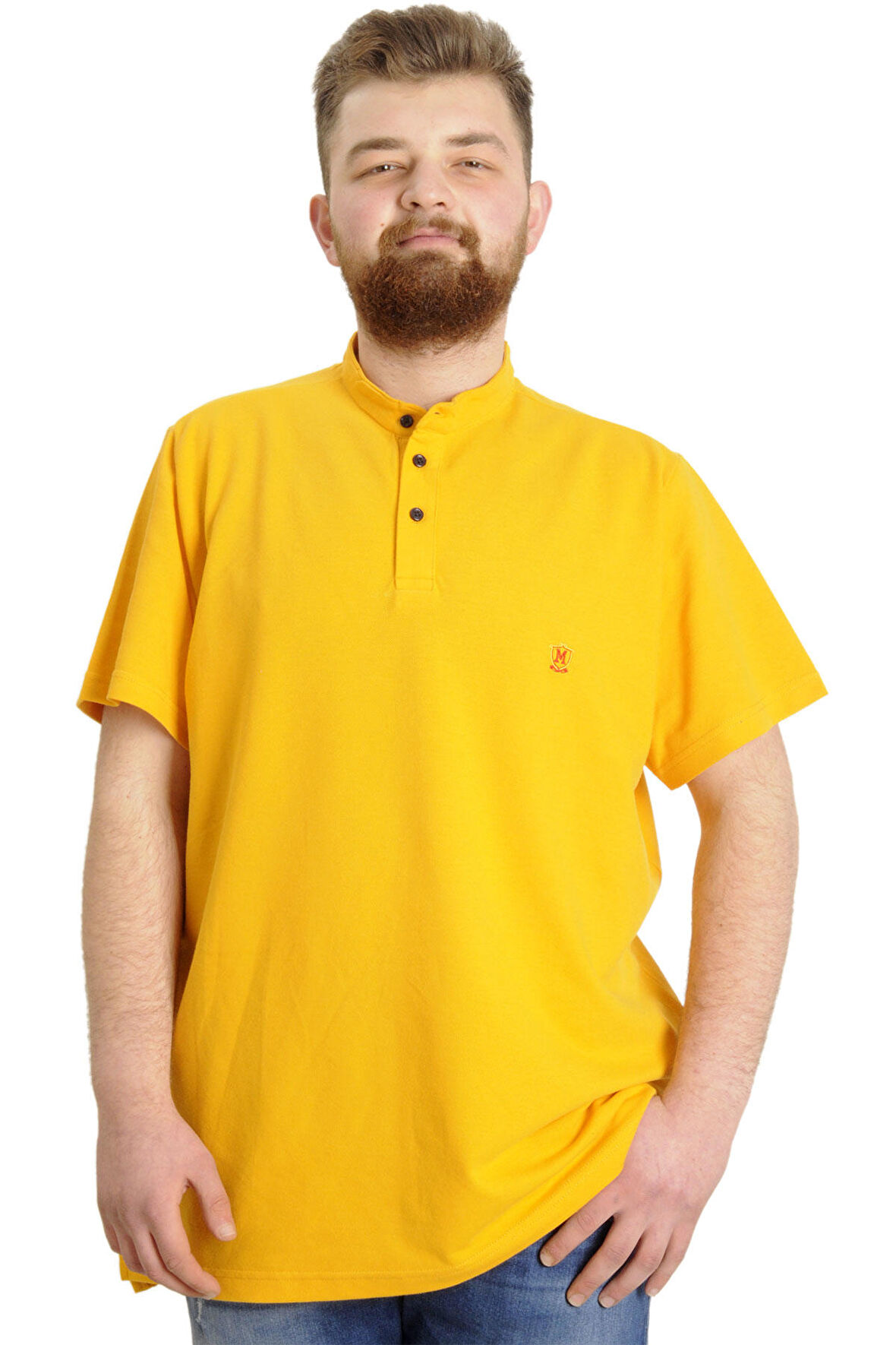 Mode XL Büyük Beden Erkek T-shirt Hakim Yaka MD LOGO 22326 Hardal