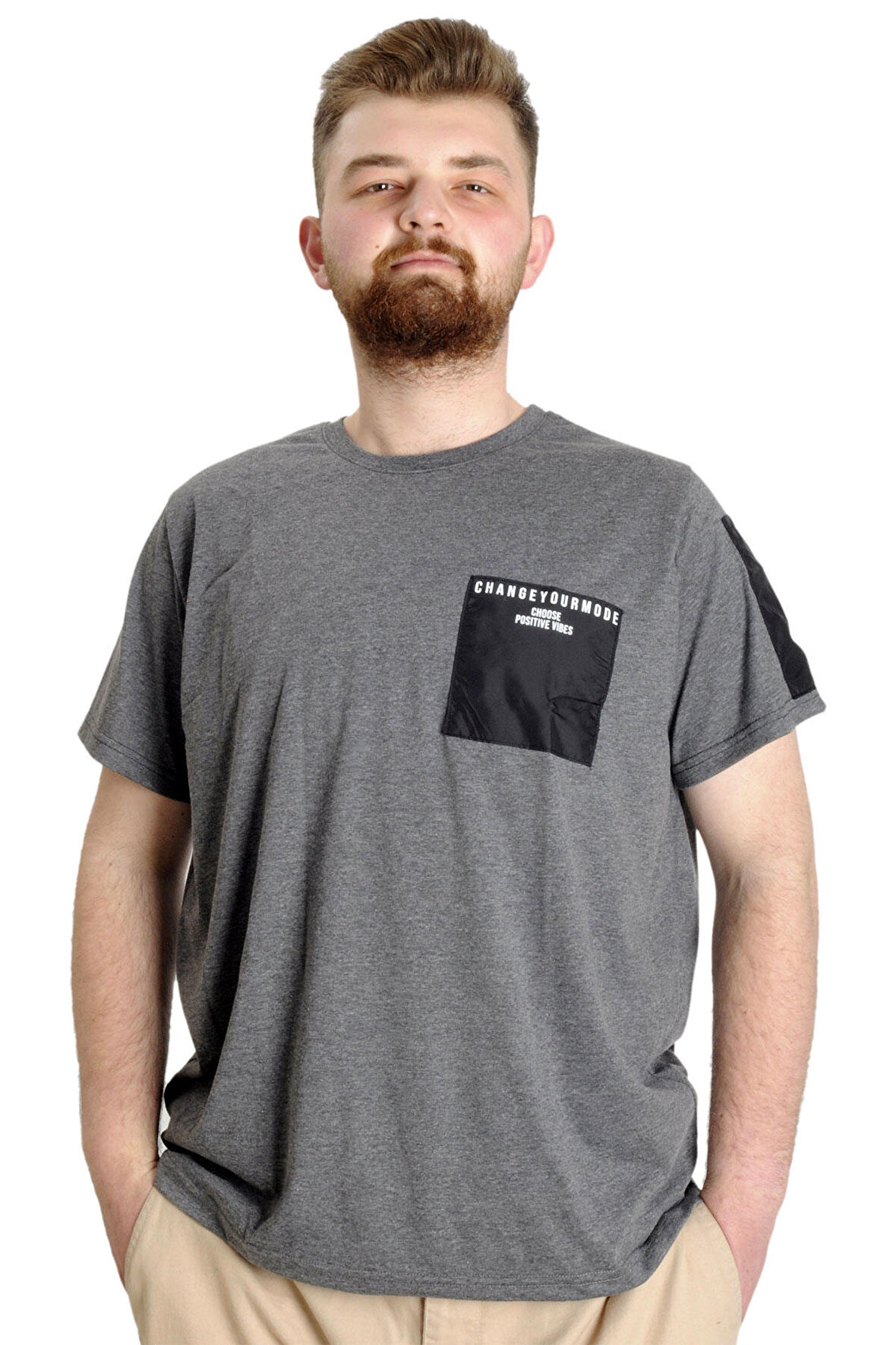 Mode XL Büyük Beden Erkek T-shirt CHNGYRMD 23123 Antramelanj