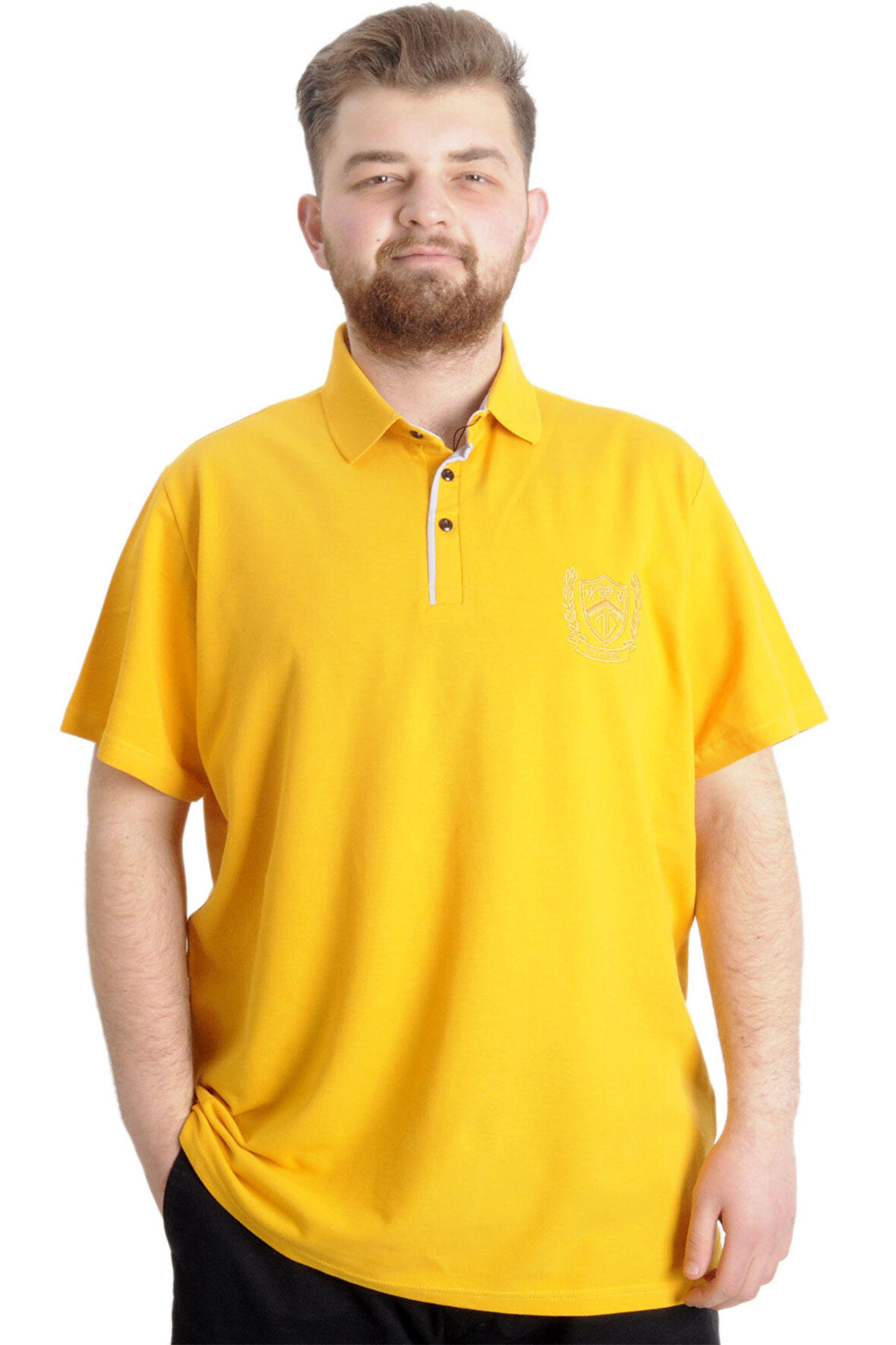 Mode XL Büyük Beden Erkek T-shirt Polo E.S.T 1991 23322 Hardal