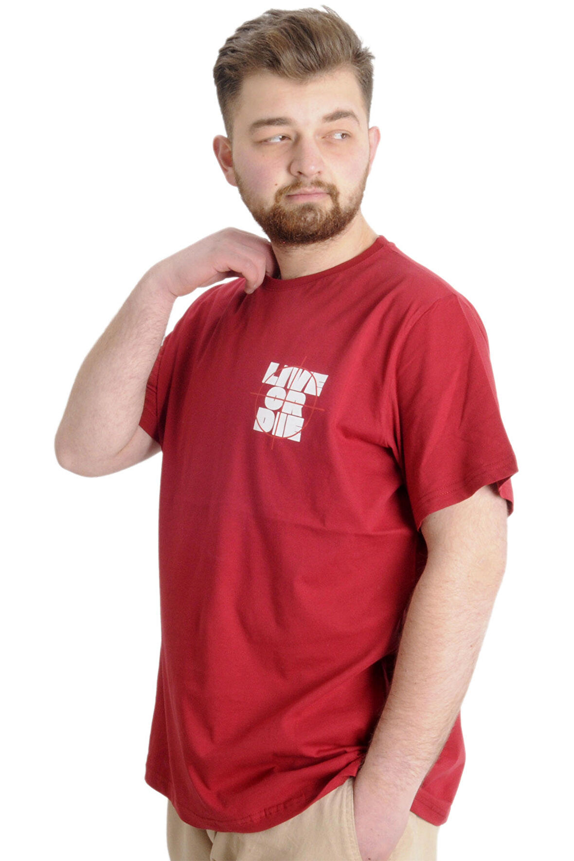 Mode XL Büyük Beden Erkek T-shirt LIVE OR DIE 23124 Bordo