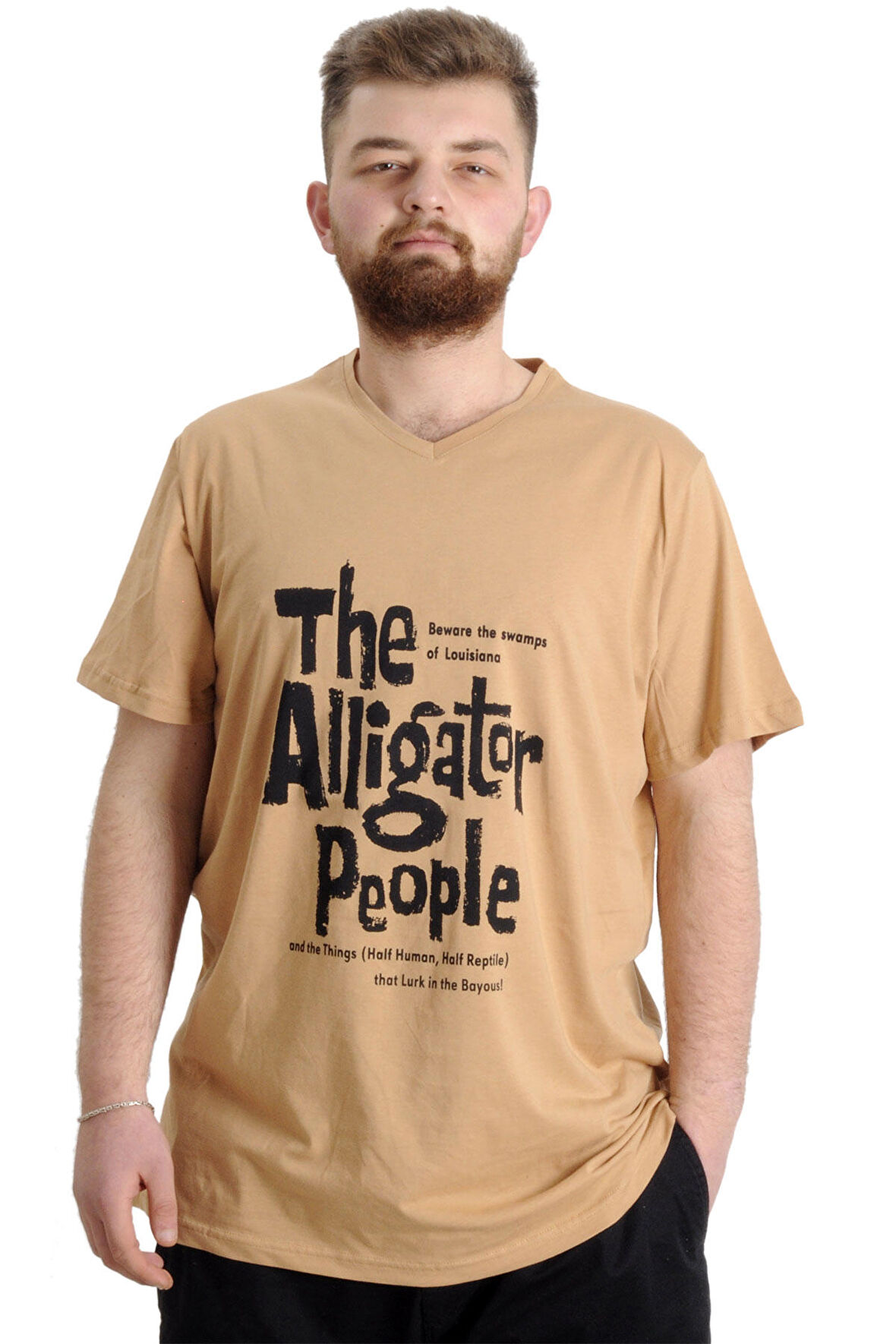 Mode XL Büyük Beden Erkek V Yaka T-shirt ALLIGATOR Bej