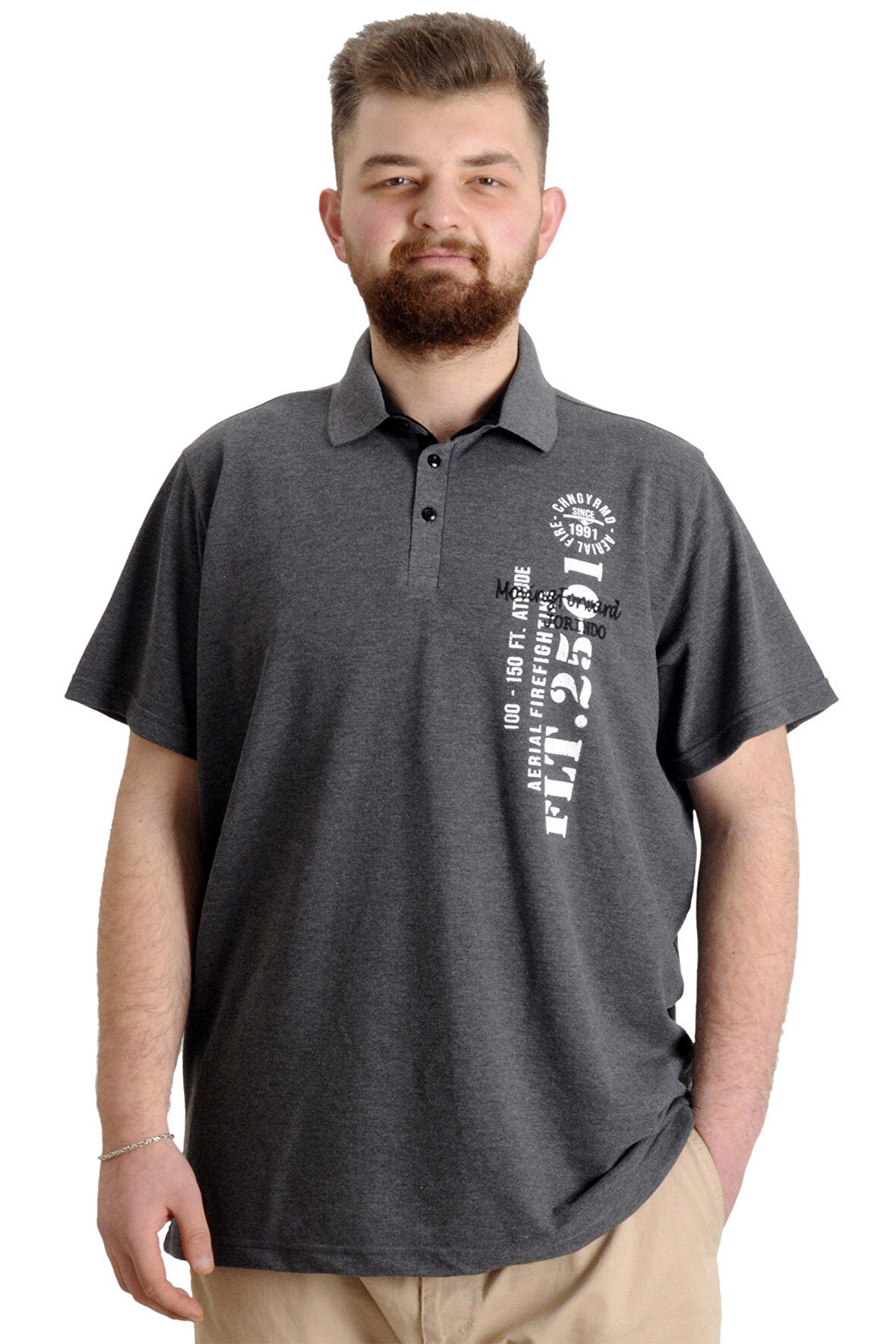 Mode XL Büyük Beden Erkek T-shirt Polo Parçalı FLT 23329 Antramelanj