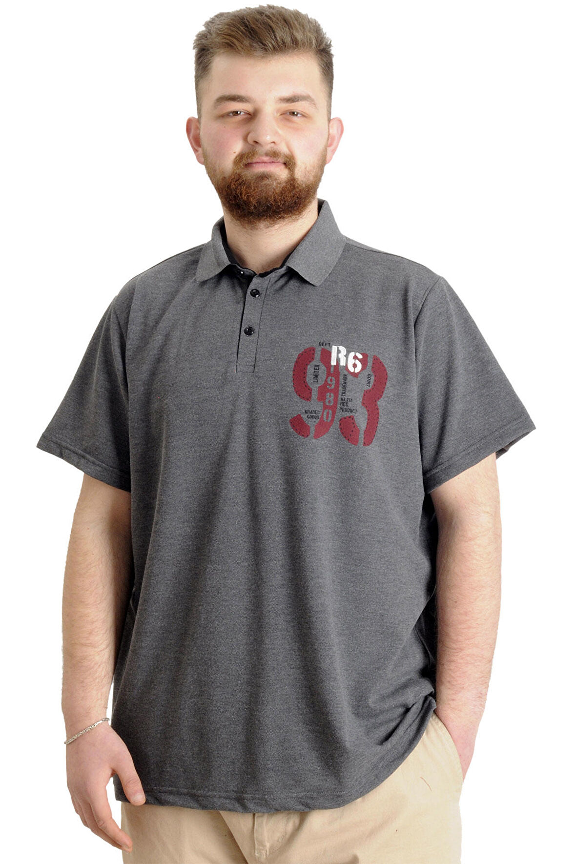 Mode XL Büyük Beden Erkek T-shirt Polo Parçalı LIMITED 23330 Antramelanj