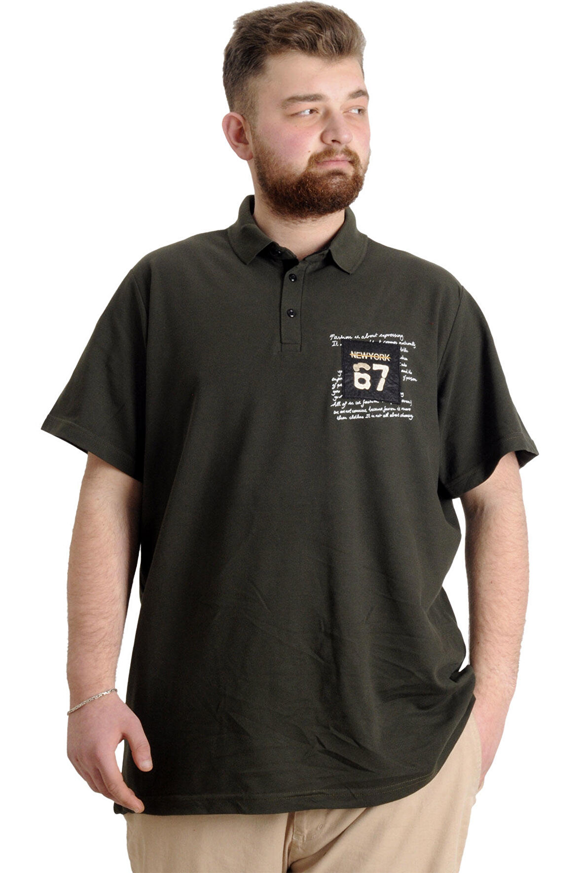 Mode XL Büyük Beden Erkek T-shirt Polo Parçalı NYC 23332 Haki
