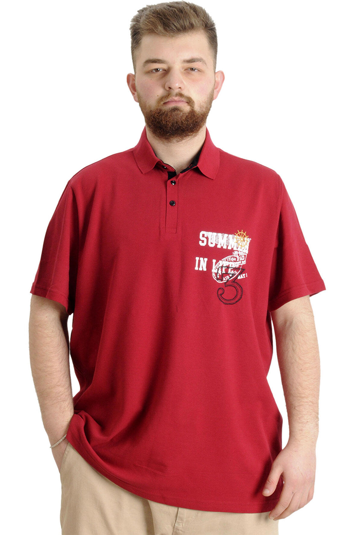 Mode XL Büyük Beden Erkek T-shirt Polo Parçalı SUMMER 23331 Bordo