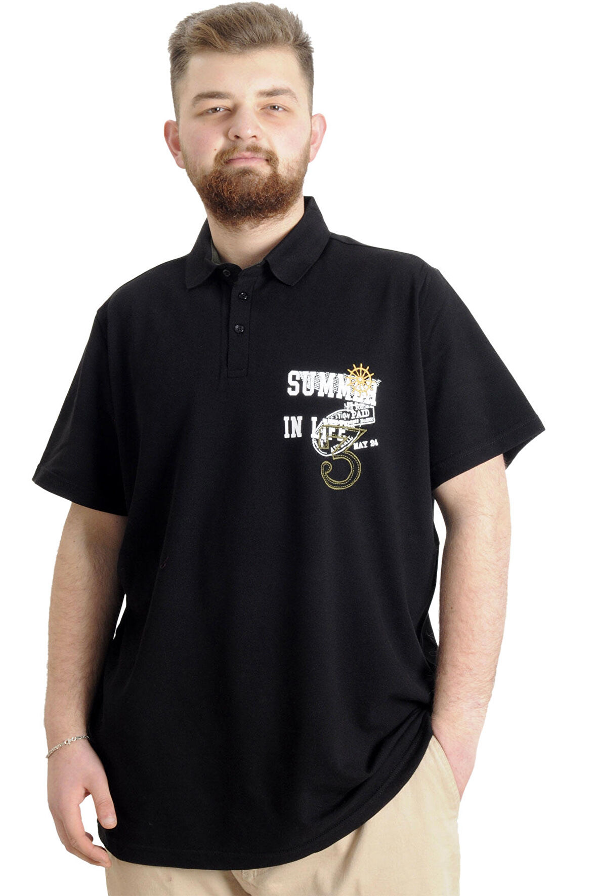 Mode XL Büyük Beden Erkek T-shirt Polo Parçalı SUMMER 23331 Siyah