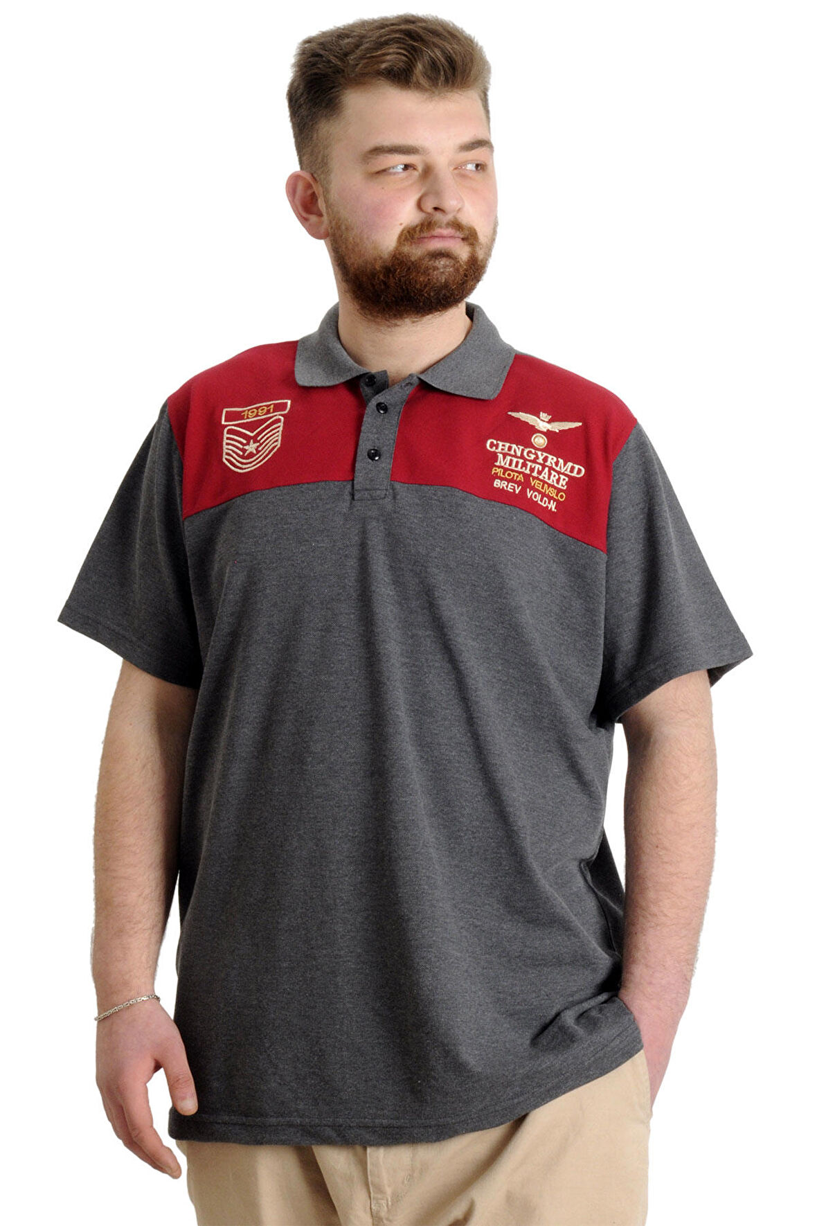 Mode XL Büyük Beden Erkek T-shirt Polo MILITARE 23327 Antramelanj
