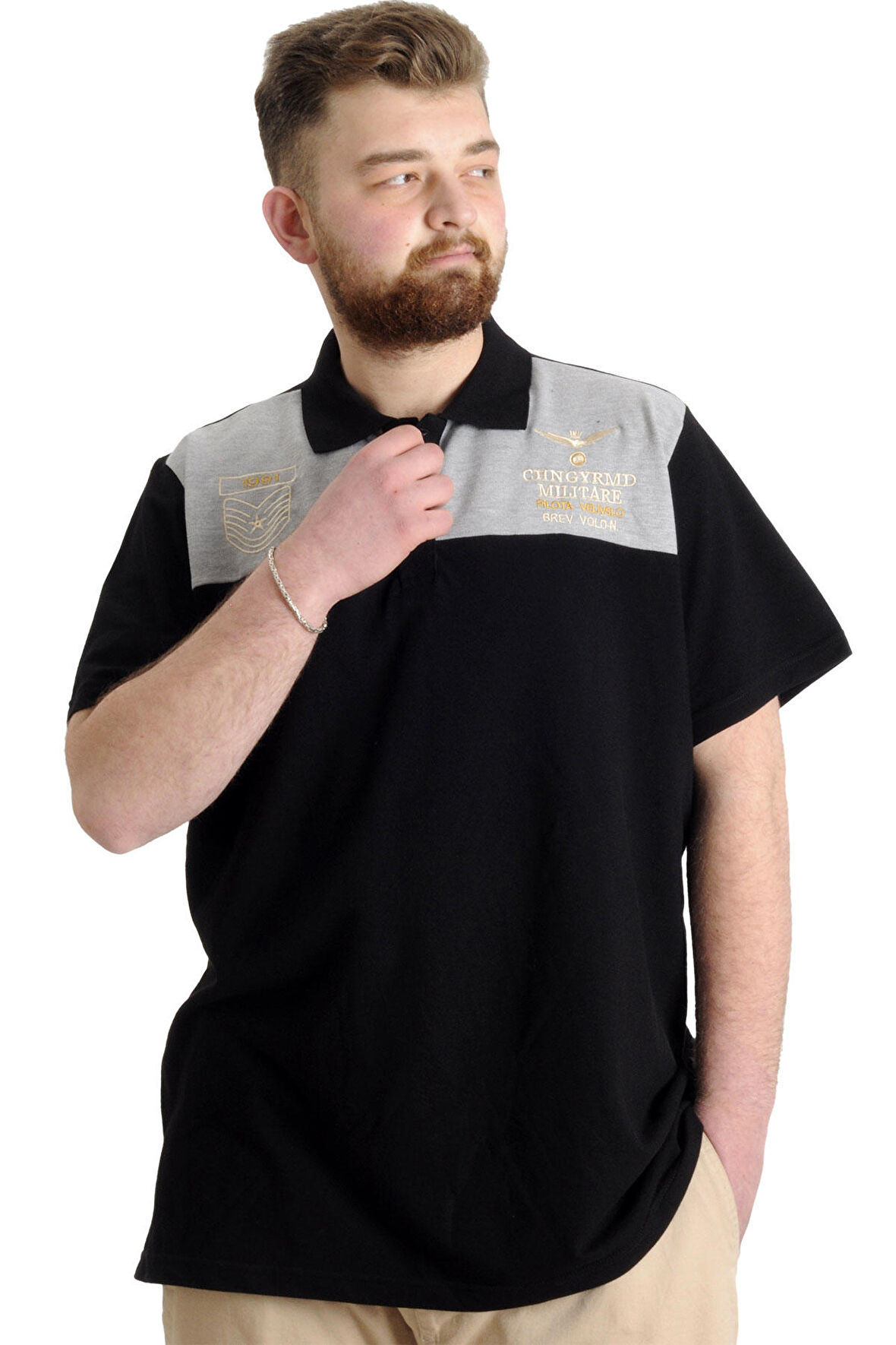 Mode XL Büyük Beden Erkek T-shirt Polo MILITARE 23327 Siyah