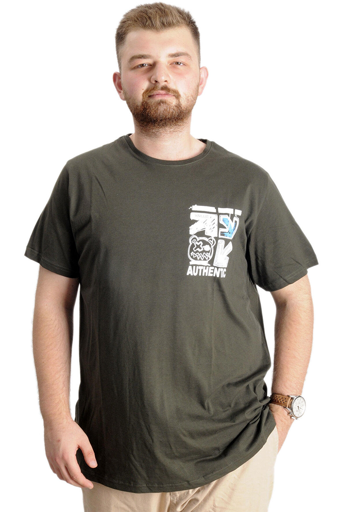 Mode XL Büyük Beden Erkek T-Shirt Bis Yaka Authentic 23140 Haki