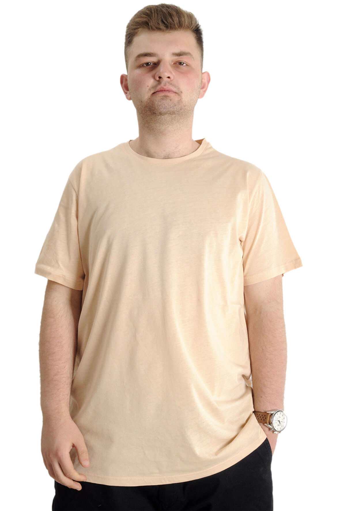 Mode XL Büyük Beden Erkek Tshirt Bisiklet Yaka Basic 20031 Bej