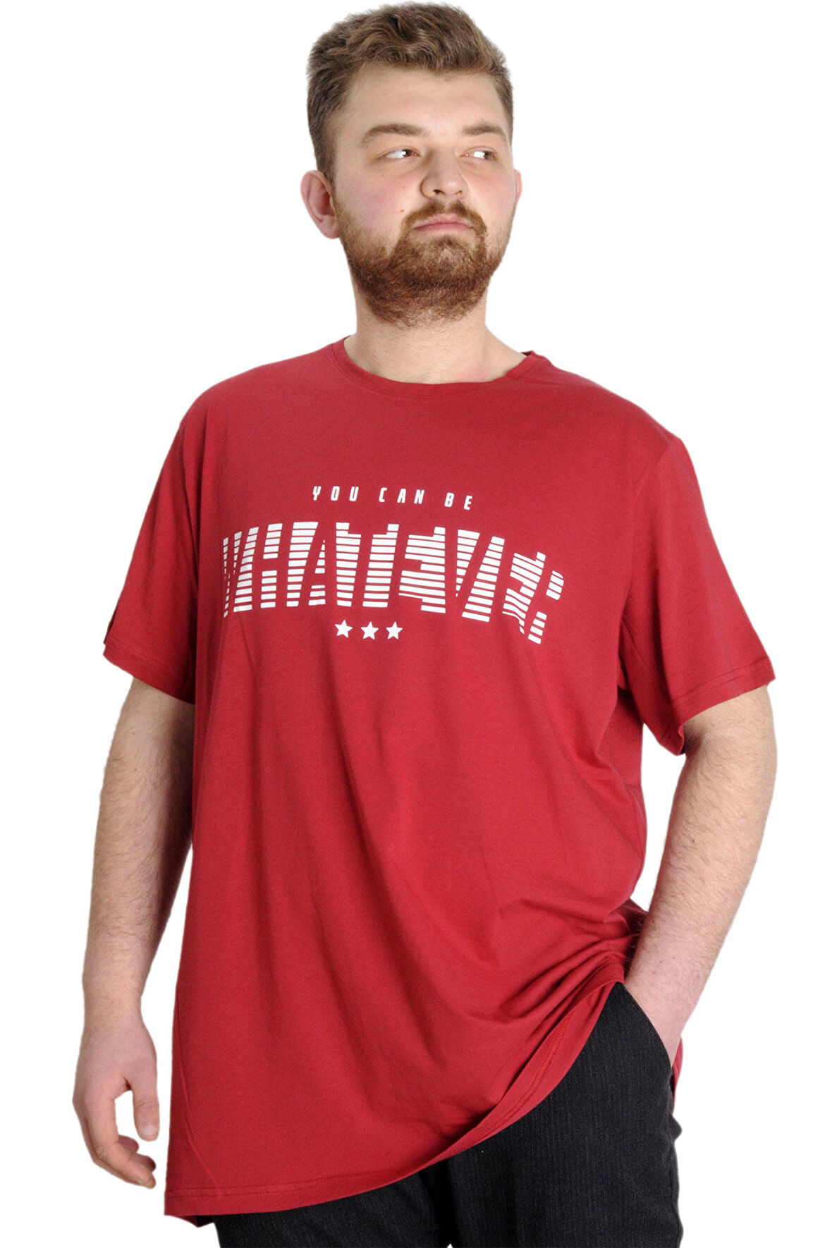 Mode XL Büyük Beden Erkek T-shirt WHATEVER 23148 Bordo