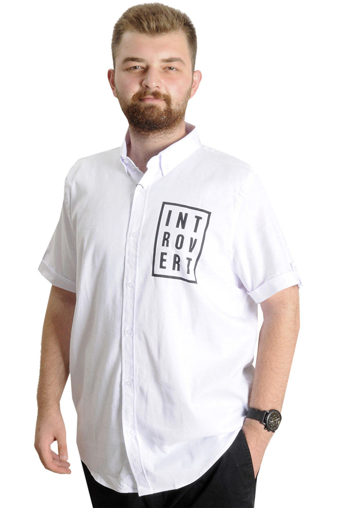 Mode XL Erkek Büyük Beden Gabardin Gömlek INTROVERT 23304 Beyaz
