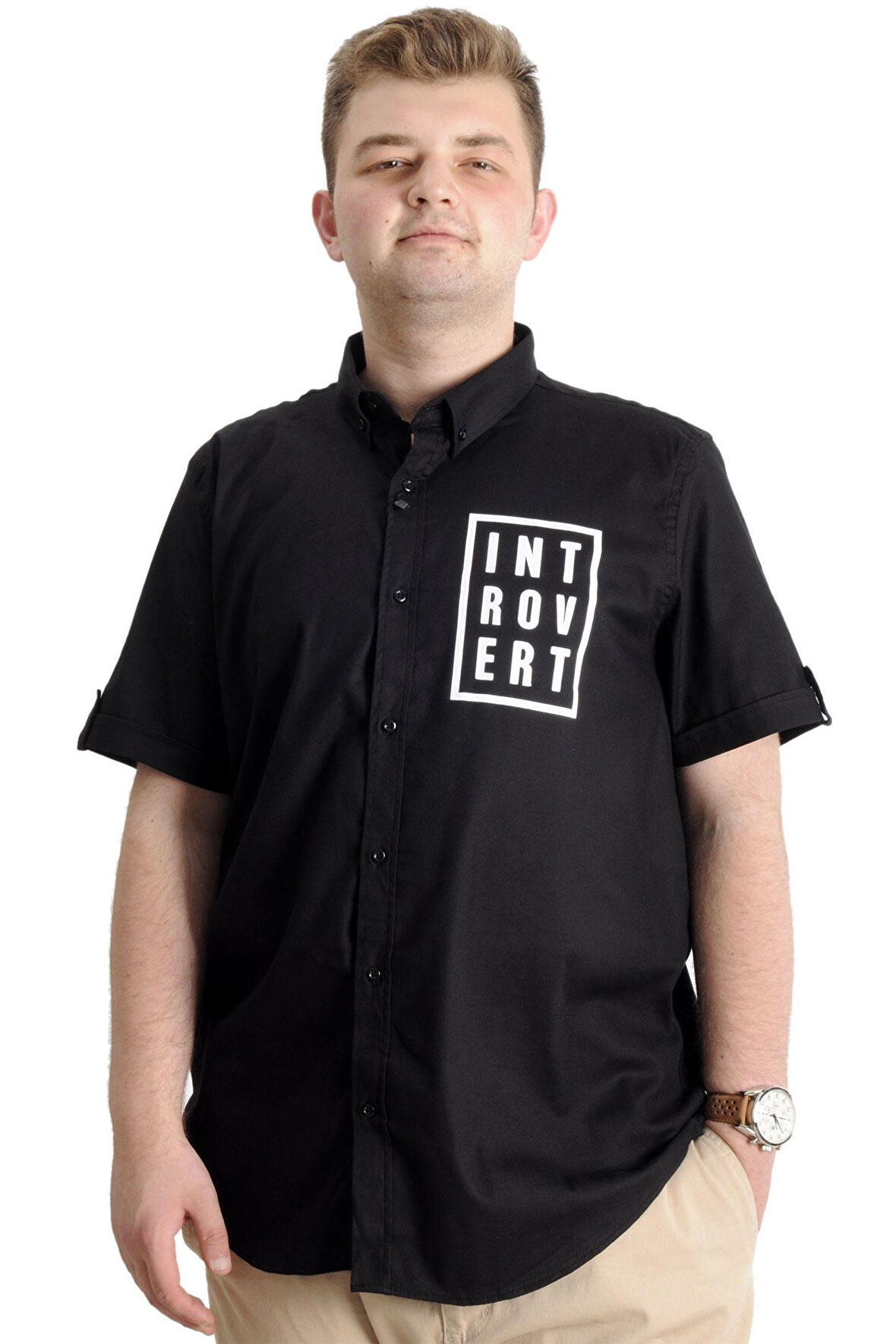 Mode XL Erkek Büyük Beden Gabardin Gömlek INTROVERT 23304 Siyah