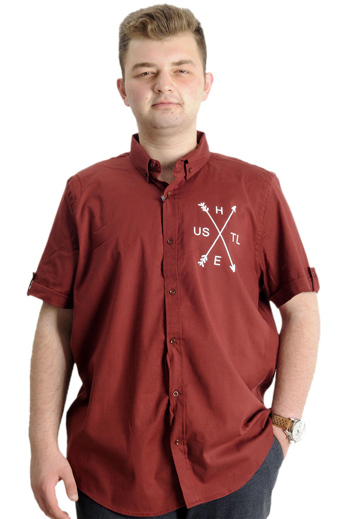 Mode XL Erkek Büyük Beden Gabardin Gömlek HUSTLE 23306 Bordo