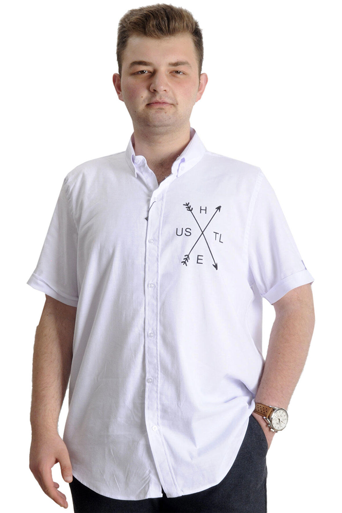 Mode XL Erkek Büyük Beden Gabardin Gömlek HUSTLE 23306 Beyaz