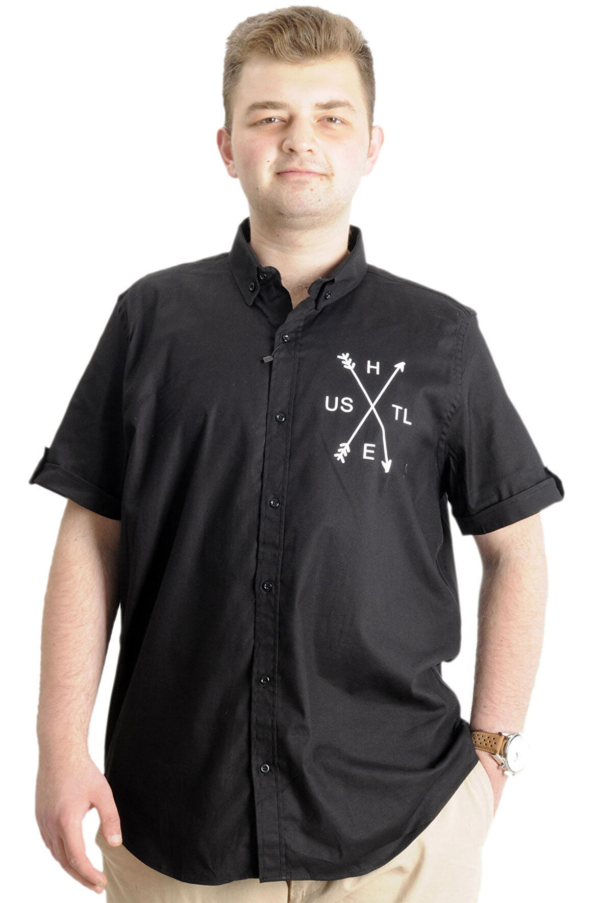 Mode XL Erkek Büyük Beden Gabardin Gömlek HUSTLE 23306 Siyah