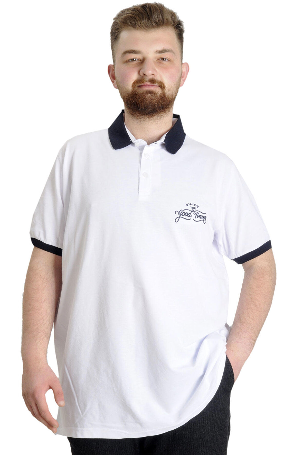 Mode XL Büyük Beden Erkek Polo T-shirt GOOD TIMES 23345 Beyaz