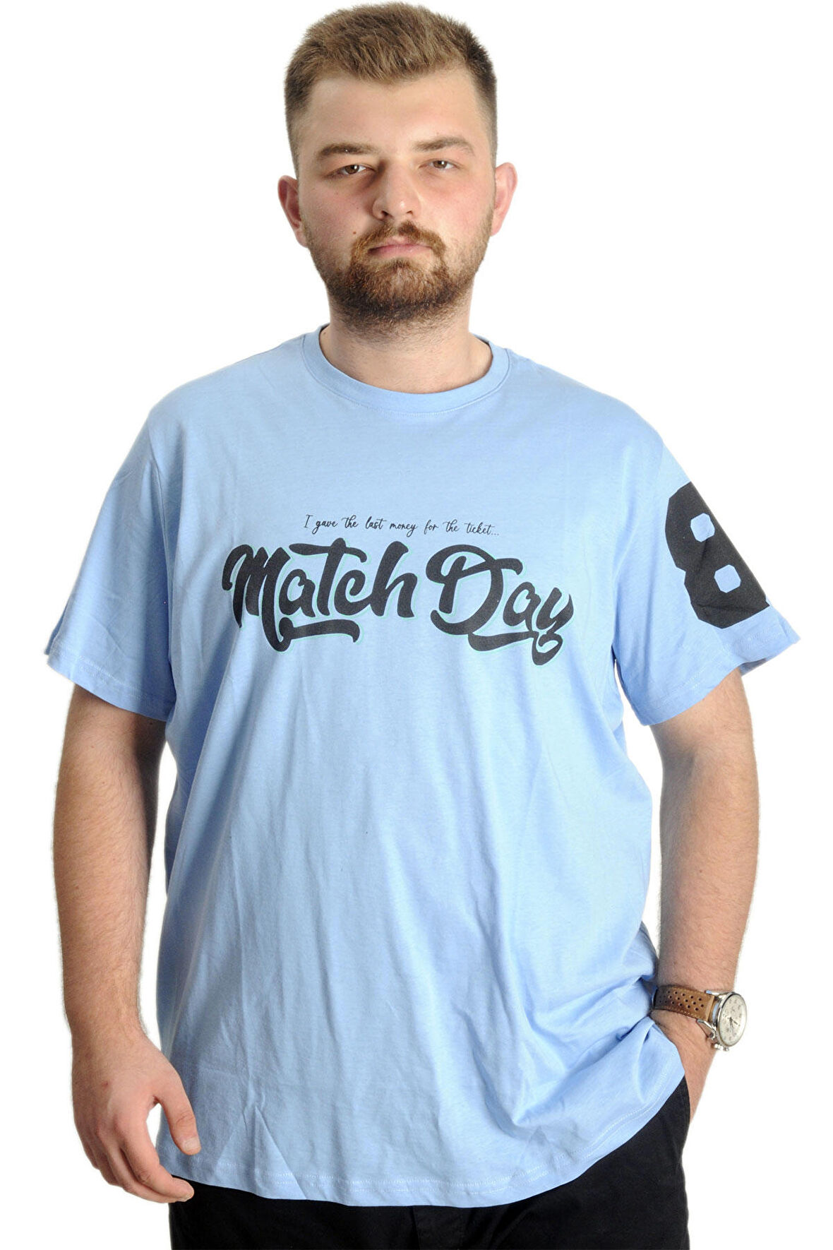 Mode XL Büyük Beden Erkek T-Shirt Bis Yaka Match Day 23155 Mavi