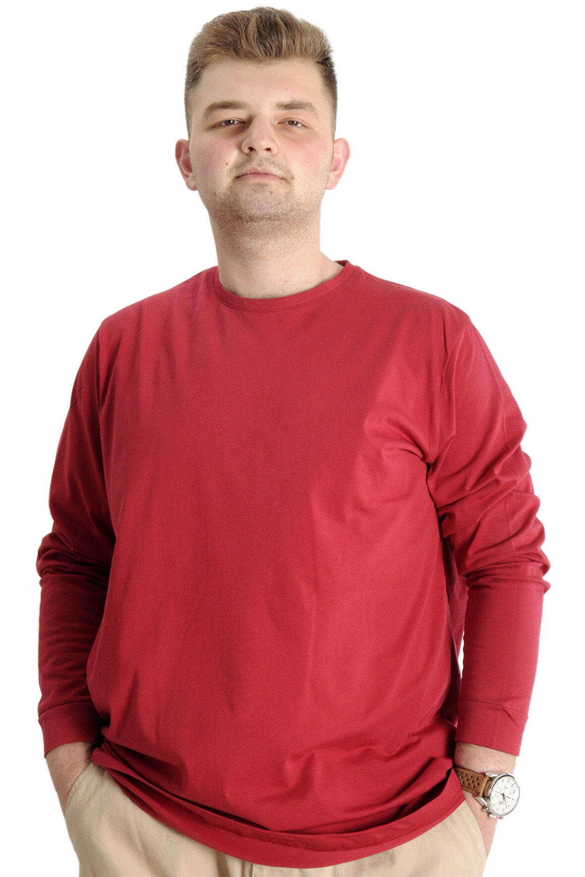 Mode XL Büyük Beden Erkek Tshirt Uzun Kol Manşetli 20103 Bordo