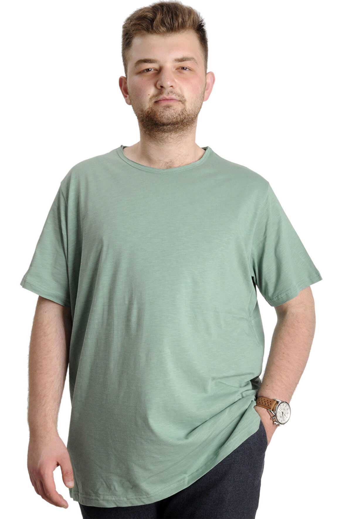 Mode XL Büyük Beden Erkek T-shirt FLAM Yaka Basic 20035 Çağla Yeşili